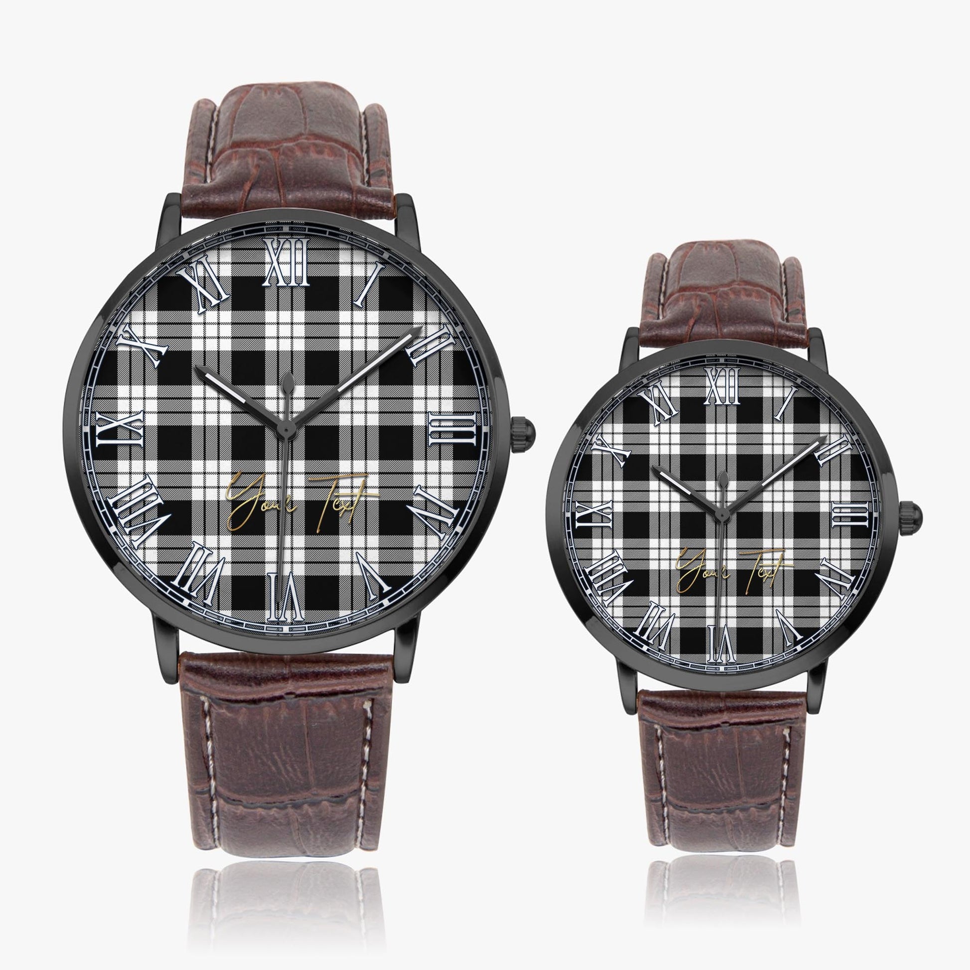 MacFarlane Black White Tartan Personalized Your Text Leather Trap Quartz Watch Ultra Thin Black Case With Brown Leather Strap - Tartanvibesclothing