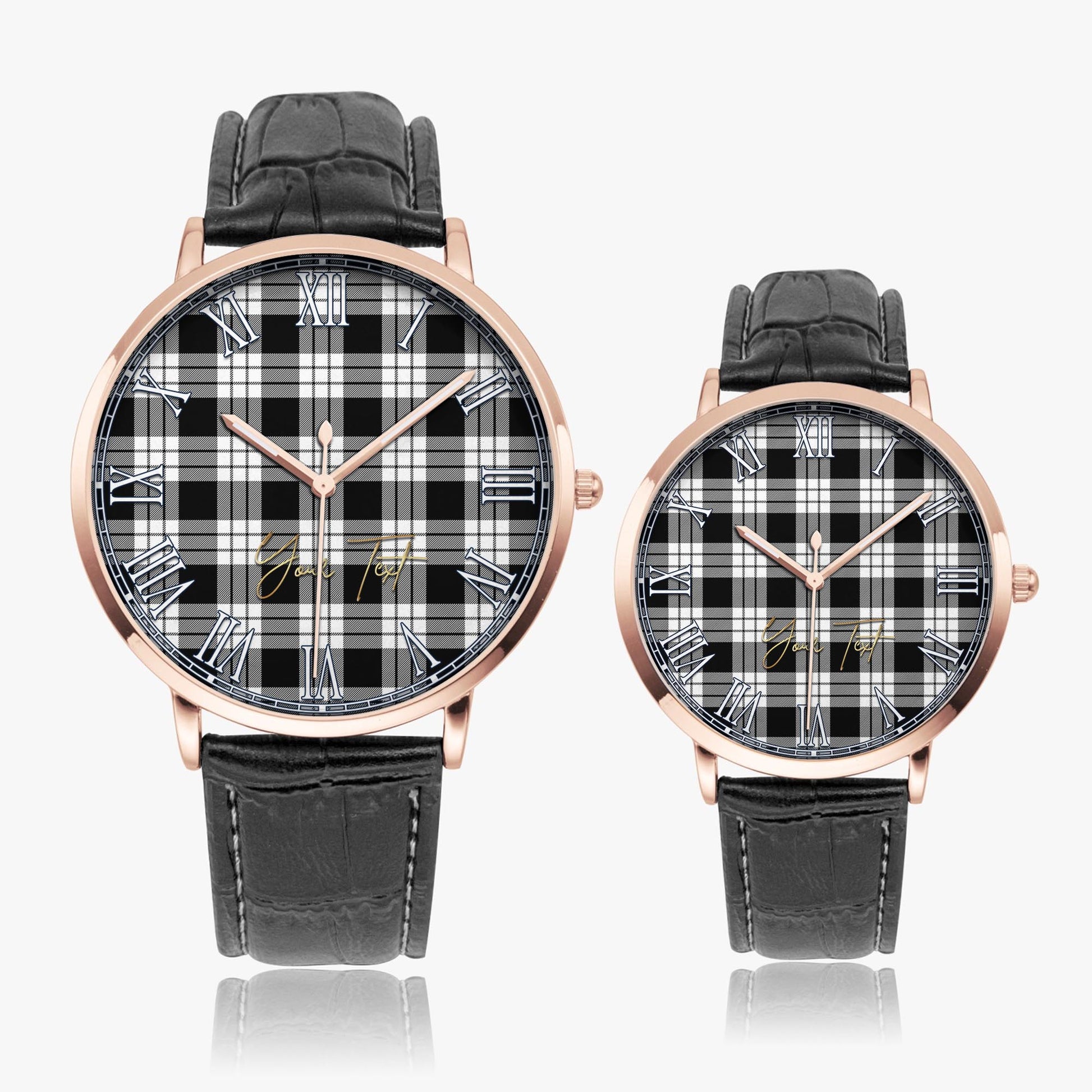 MacFarlane Black White Tartan Personalized Your Text Leather Trap Quartz Watch Ultra Thin Rose Gold Case With Black Leather Strap - Tartanvibesclothing
