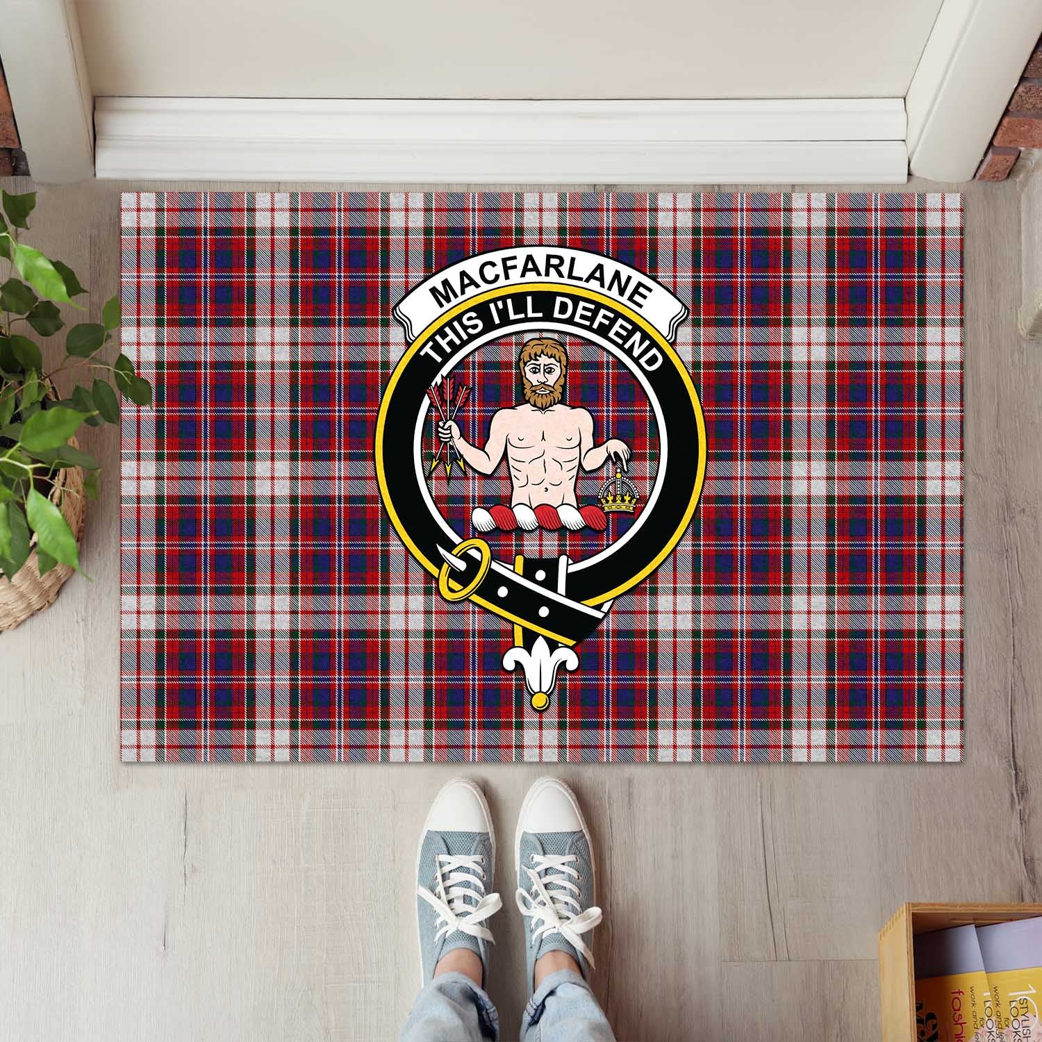 MacFarlane Dress Tartan Door Mat with Family Crest - Tartanvibesclothing