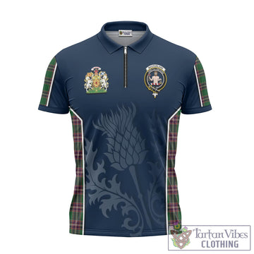 MacFarlane Hunting Tartan Zipper Polo Shirt with Family Crest and Scottish Thistle Vibes Sport Style