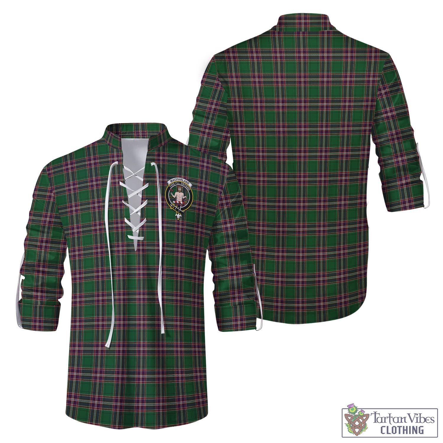 Tartan Vibes Clothing MacFarlane Hunting Tartan Men's Scottish Traditional Jacobite Ghillie Kilt Shirt with Family Crest