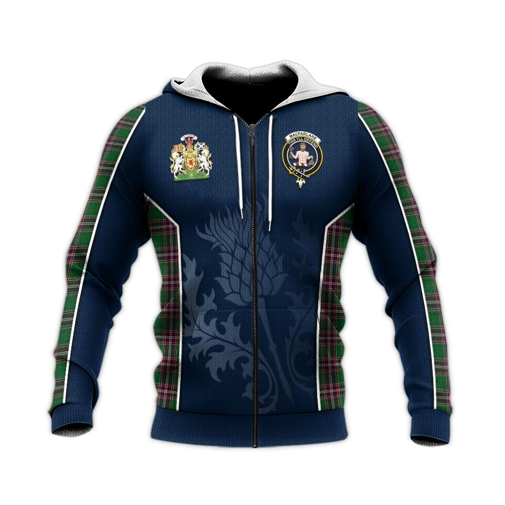 Tartan Vibes Clothing MacFarlane Hunting Tartan Knitted Hoodie with Family Crest and Scottish Thistle Vibes Sport Style