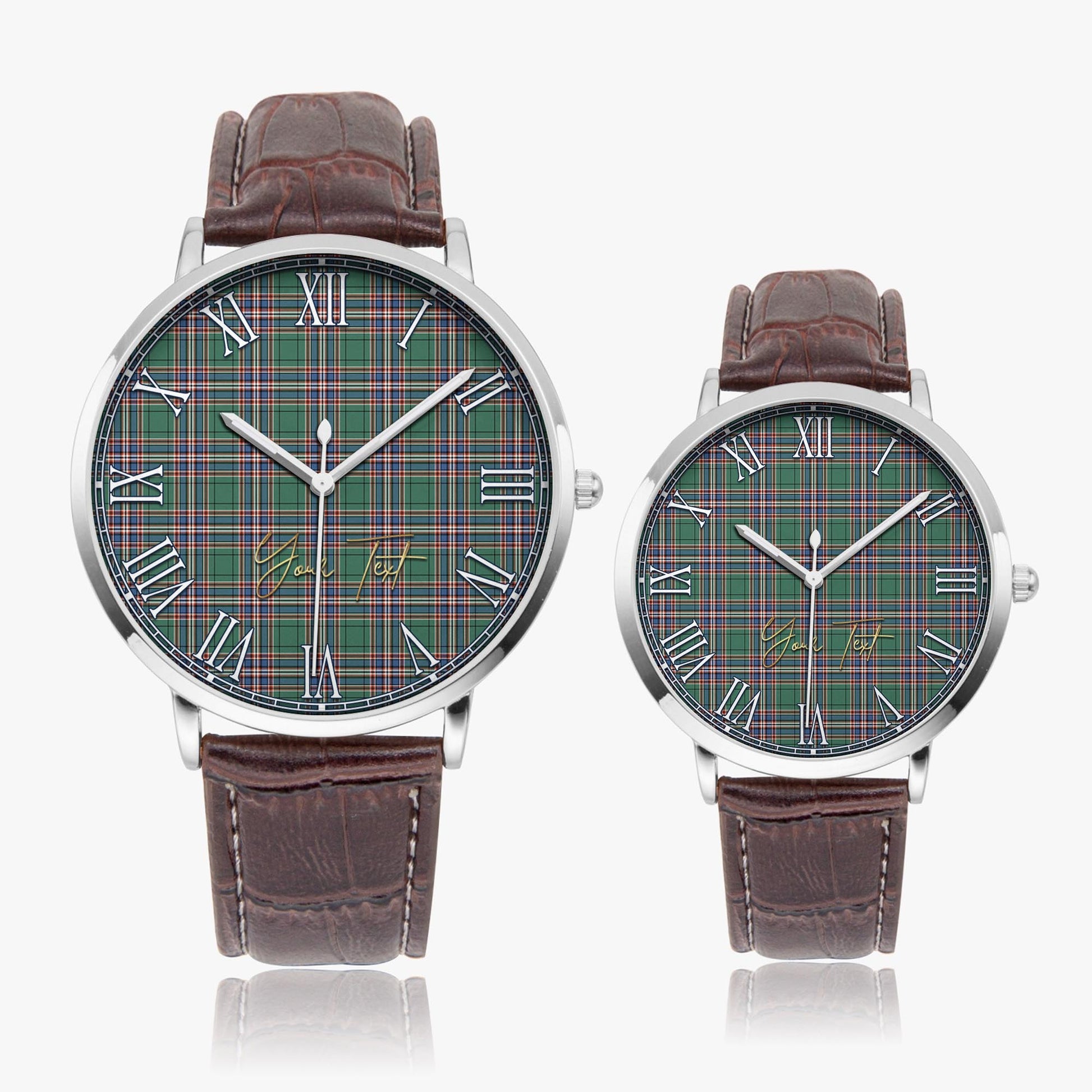 MacFarlane Hunting Ancient Tartan Personalized Your Text Leather Trap Quartz Watch Ultra Thin Silver Case With Brown Leather Strap - Tartanvibesclothing
