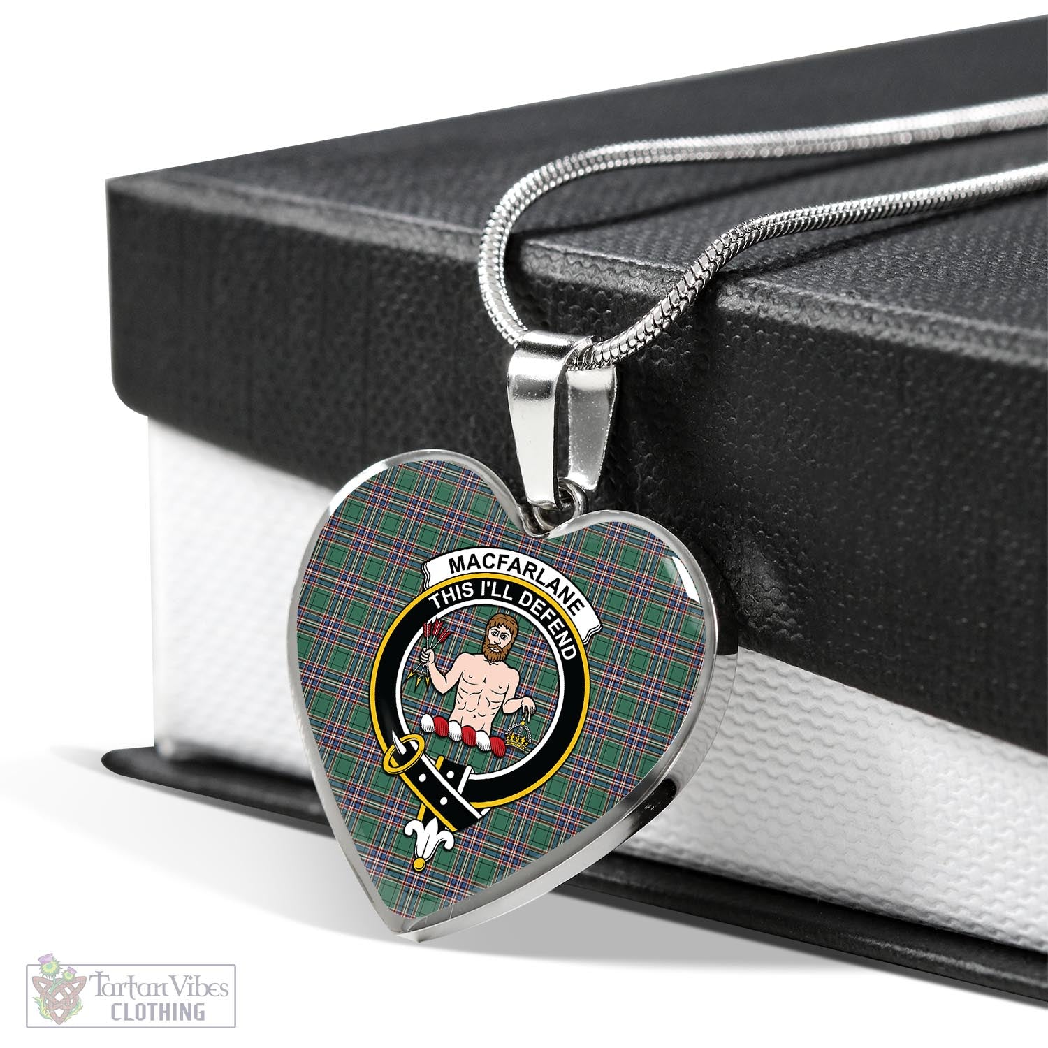 Tartan Vibes Clothing MacFarlane Hunting Ancient Tartan Heart Necklace with Family Crest