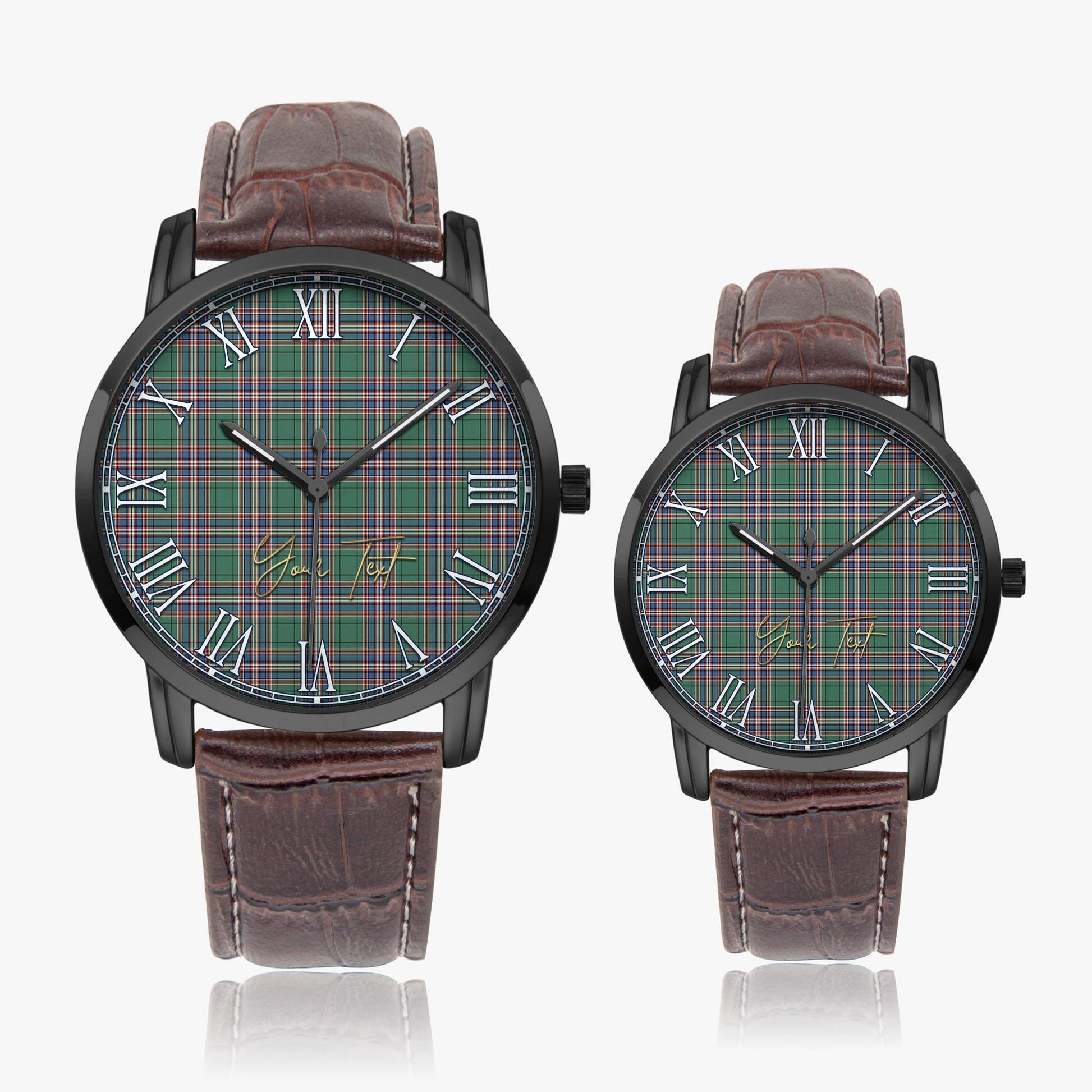 MacFarlane Hunting Ancient Tartan Personalized Your Text Leather Trap Quartz Watch Wide Type Black Case With Brown Leather Strap - Tartanvibesclothing