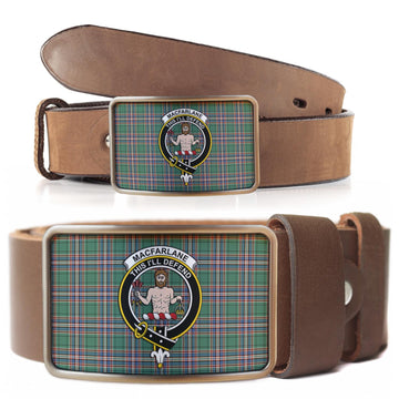 MacFarlane Hunting Ancient Tartan Belt Buckles with Family Crest