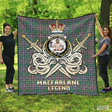 MacFarlane Hunting Ancient Tartan Quilt with Clan Crest and the Golden Sword of Courageous Legacy