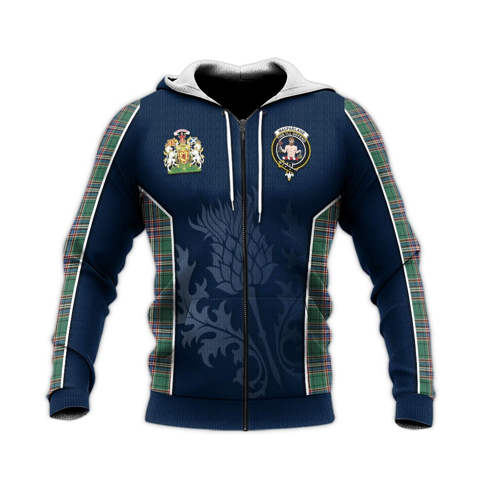 Tartan Vibes Clothing MacFarlane Hunting Ancient Tartan Knitted Hoodie with Family Crest and Scottish Thistle Vibes Sport Style