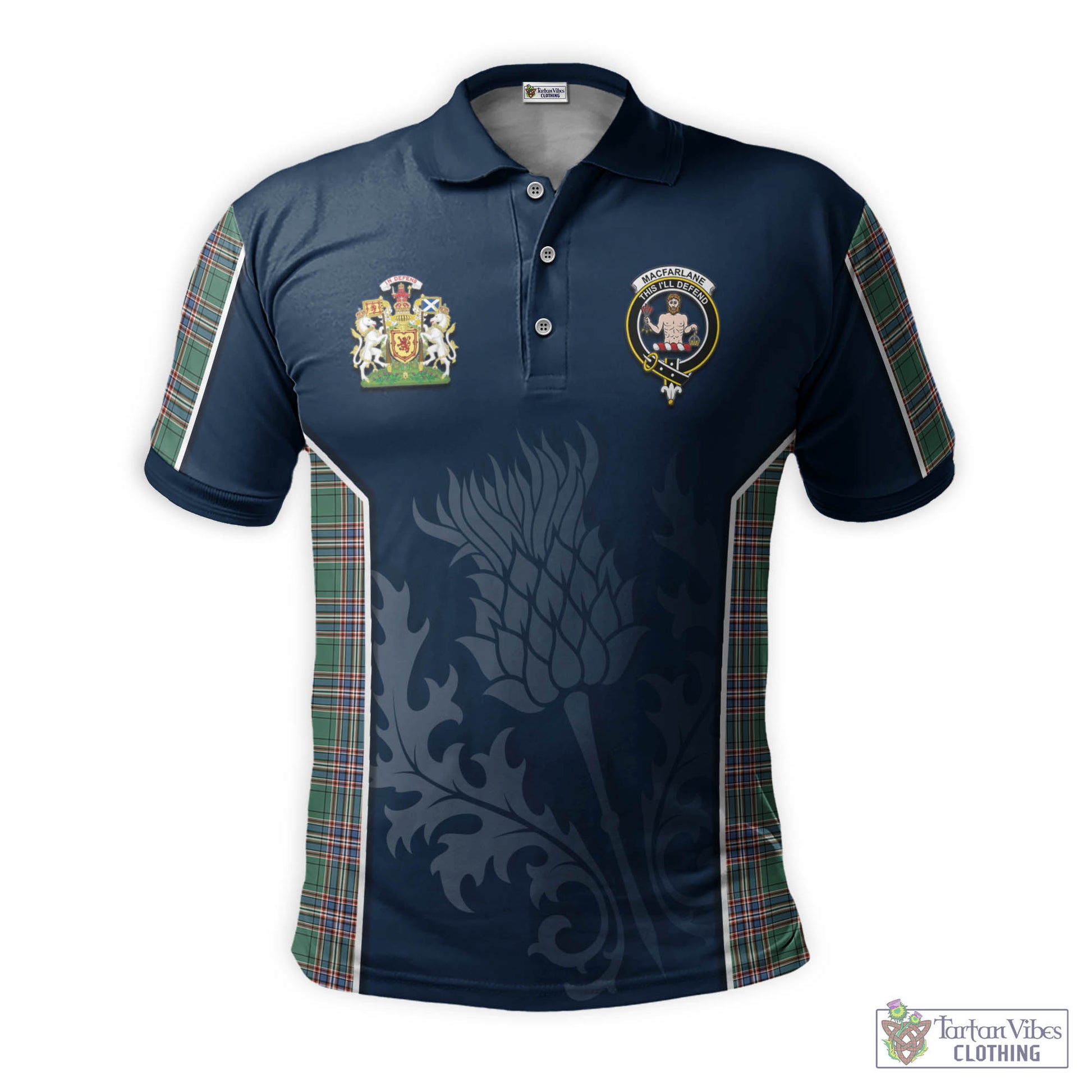 Tartan Vibes Clothing MacFarlane Hunting Ancient Tartan Men's Polo Shirt with Family Crest and Scottish Thistle Vibes Sport Style