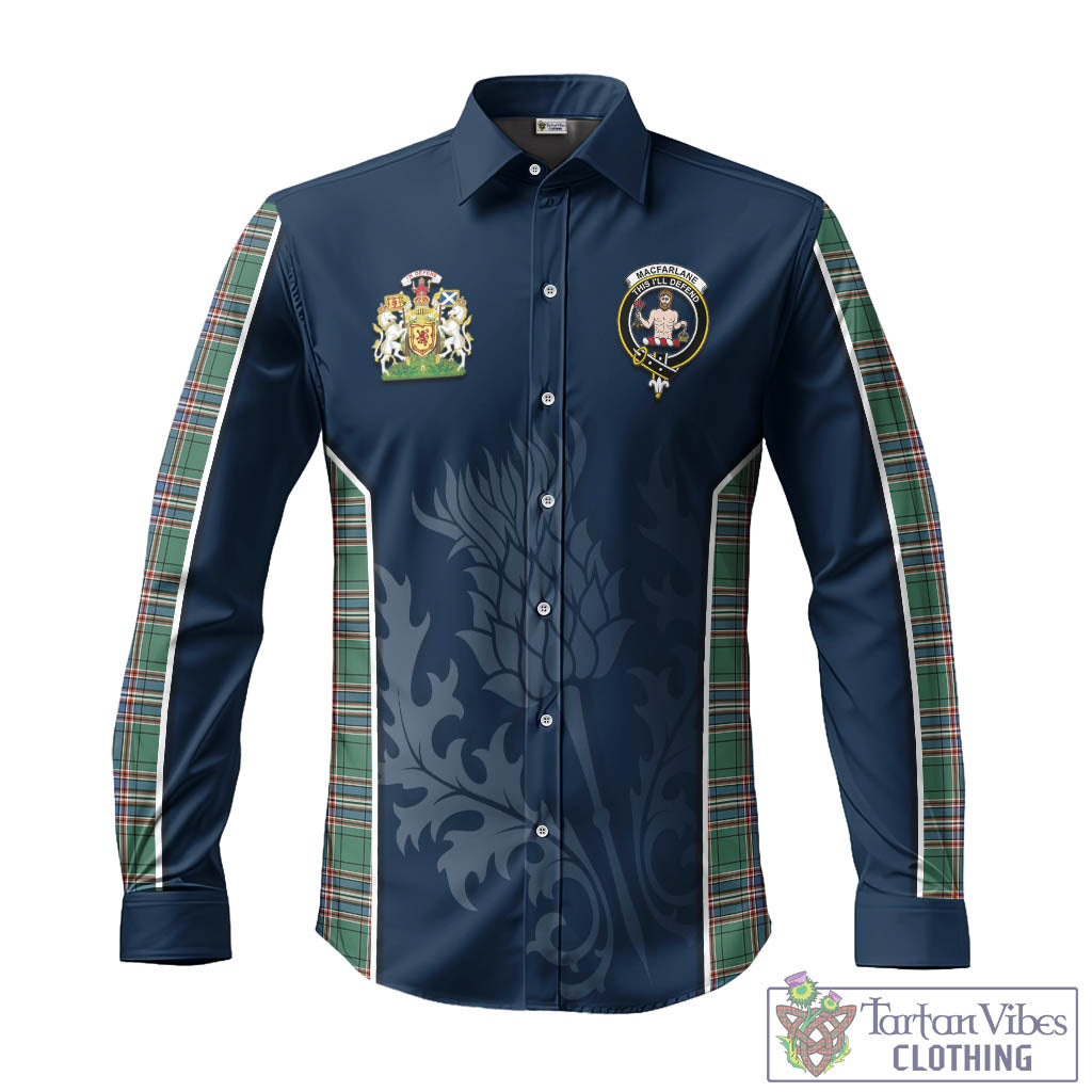 Tartan Vibes Clothing MacFarlane Hunting Ancient Tartan Long Sleeve Button Up Shirt with Family Crest and Scottish Thistle Vibes Sport Style