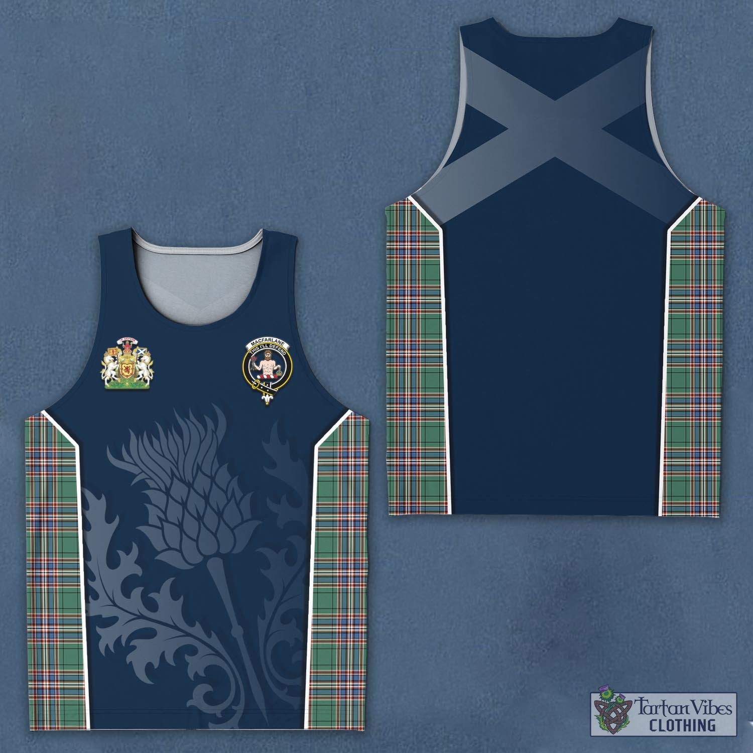 Tartan Vibes Clothing MacFarlane Hunting Ancient Tartan Men's Tanks Top with Family Crest and Scottish Thistle Vibes Sport Style