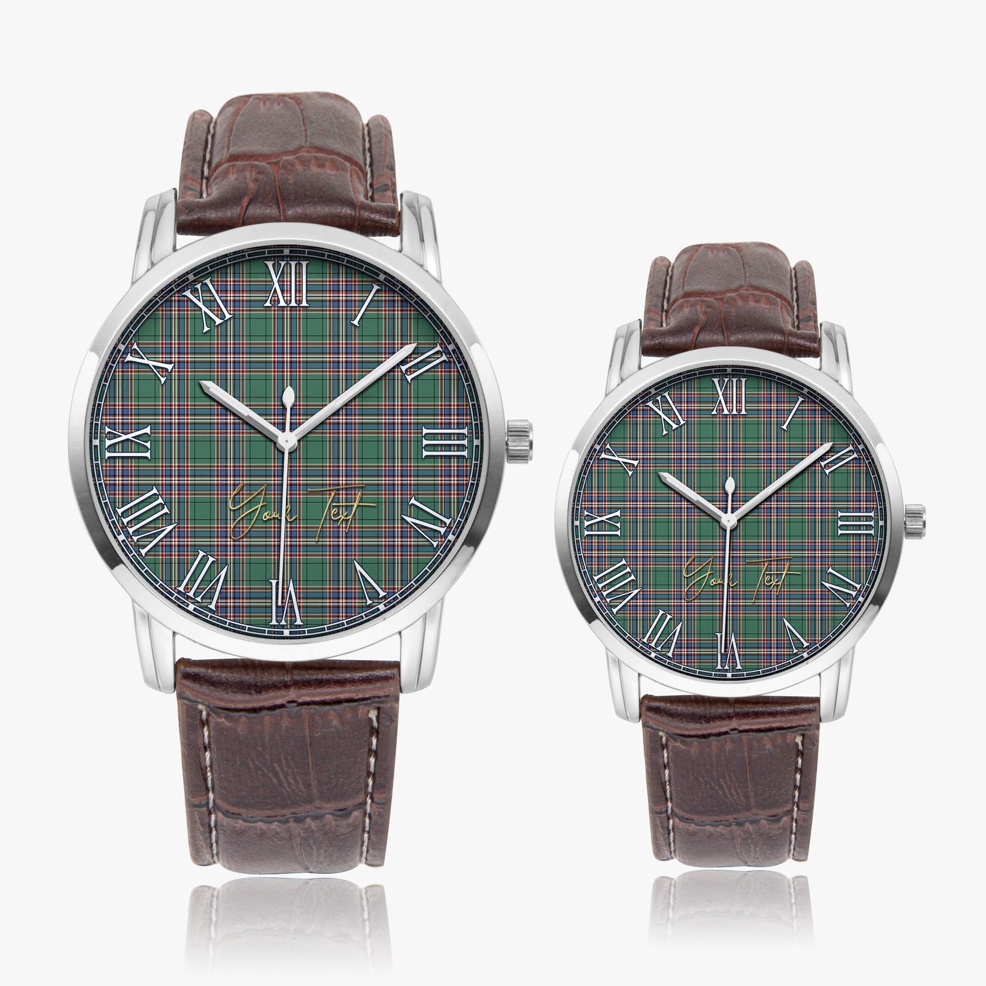 MacFarlane Hunting Ancient Tartan Personalized Your Text Leather Trap Quartz Watch Wide Type Silver Case With Brown Leather Strap - Tartanvibesclothing