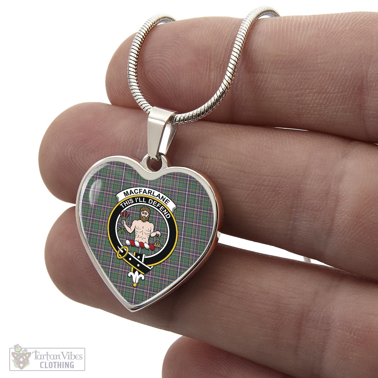 Tartan Vibes Clothing MacFarlane Hunting Ancient Tartan Heart Necklace with Family Crest
