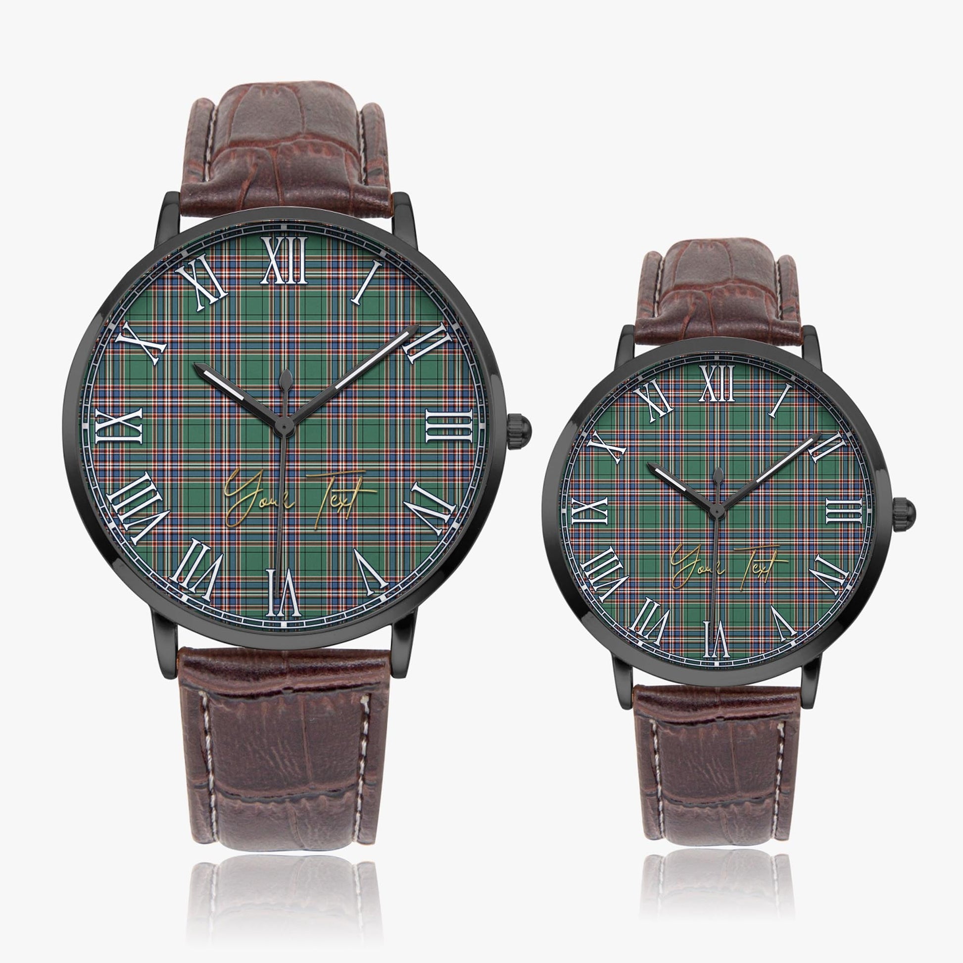 MacFarlane Hunting Ancient Tartan Personalized Your Text Leather Trap Quartz Watch Ultra Thin Black Case With Brown Leather Strap - Tartanvibesclothing