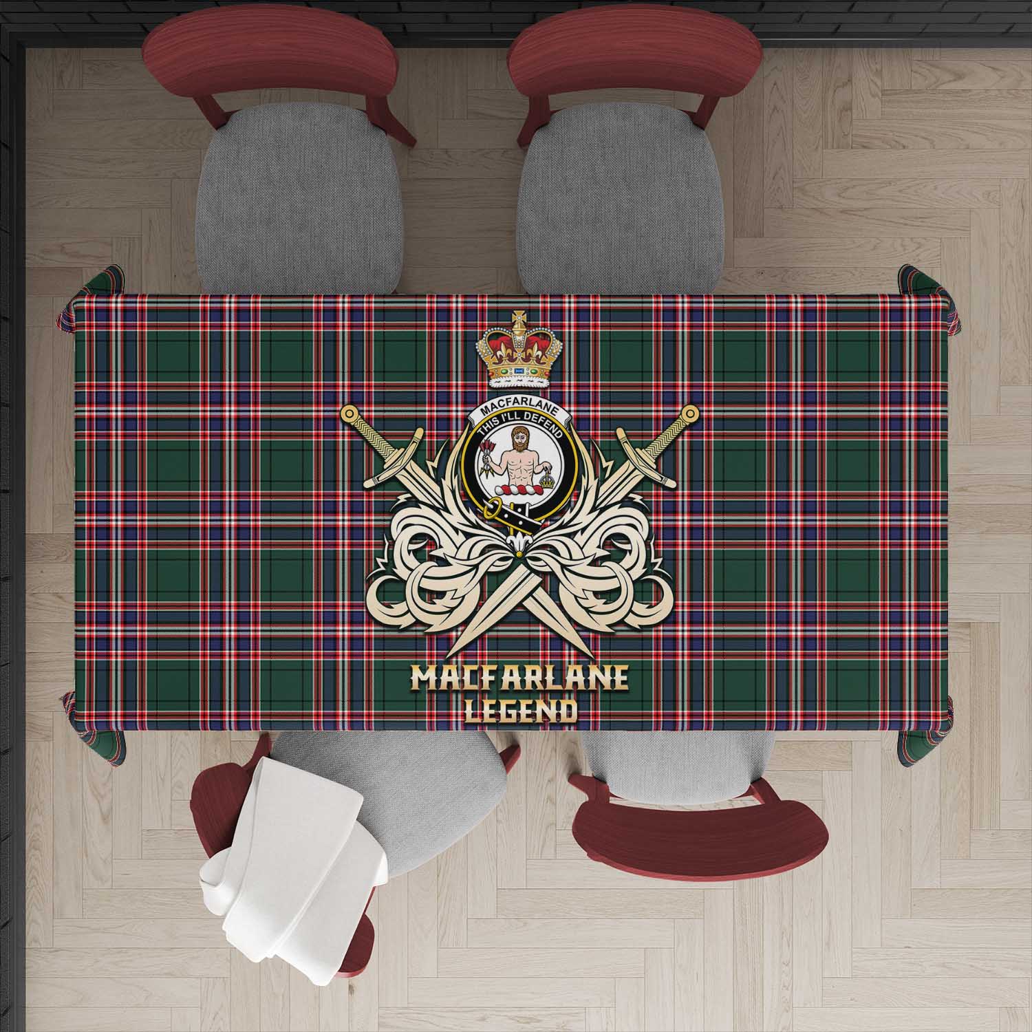 Tartan Vibes Clothing MacFarlane Hunting Modern Tartan Tablecloth with Clan Crest and the Golden Sword of Courageous Legacy