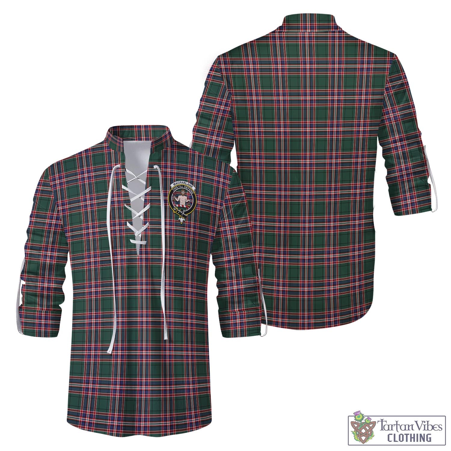 Tartan Vibes Clothing MacFarlane Hunting Modern Tartan Men's Scottish Traditional Jacobite Ghillie Kilt Shirt with Family Crest