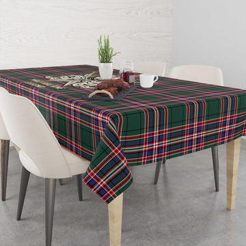 MacFarlane Hunting Modern Tartan Tablecloth with Clan Crest and the Golden Sword of Courageous Legacy