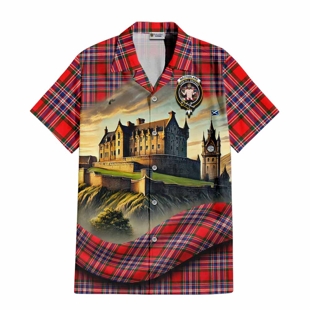 Tartan Vibes Clothing MacFarlane (McFarlane) Tartan Family Crest Short Sleeve Button Shirt with Scottish Ancient Castle Style