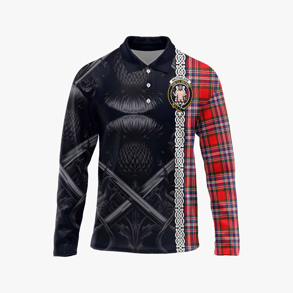 Tartan Vibes Clothing MacFarlane (McFarlane) Tartan Long Sleeve Polo Shirt with Family Crest Cross Sword Thistle Celtic Vibes