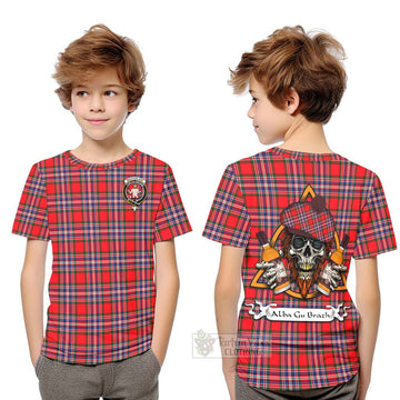 Tartan Vibes Clothing MacFarlane (McFarlane) Tartan Kid T-Shirt with Family Crest and Bearded Skull Holding Bottles of Whiskey