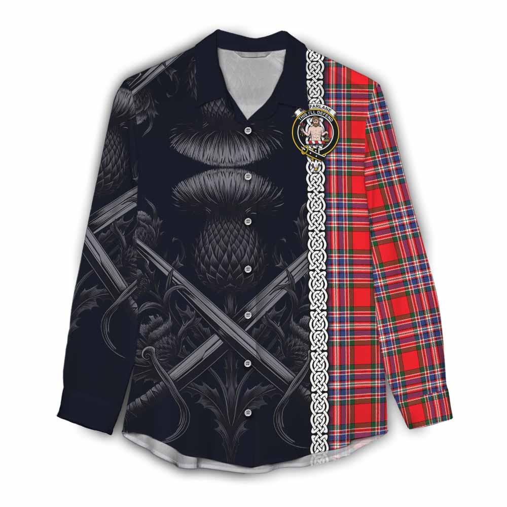 Tartan Vibes Clothing MacFarlane (McFarlane) Tartan Women's Casual Shirt with Family Crest Cross Sword Thistle Celtic Vibes