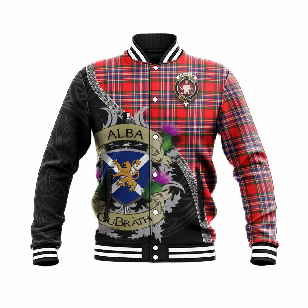 Tartan Vibes Clothing MacFarlane (McFarlane) Tartan Family Crest Baseball Jacket Lion Rampant Royal Thistle Shield Celtic Inspired