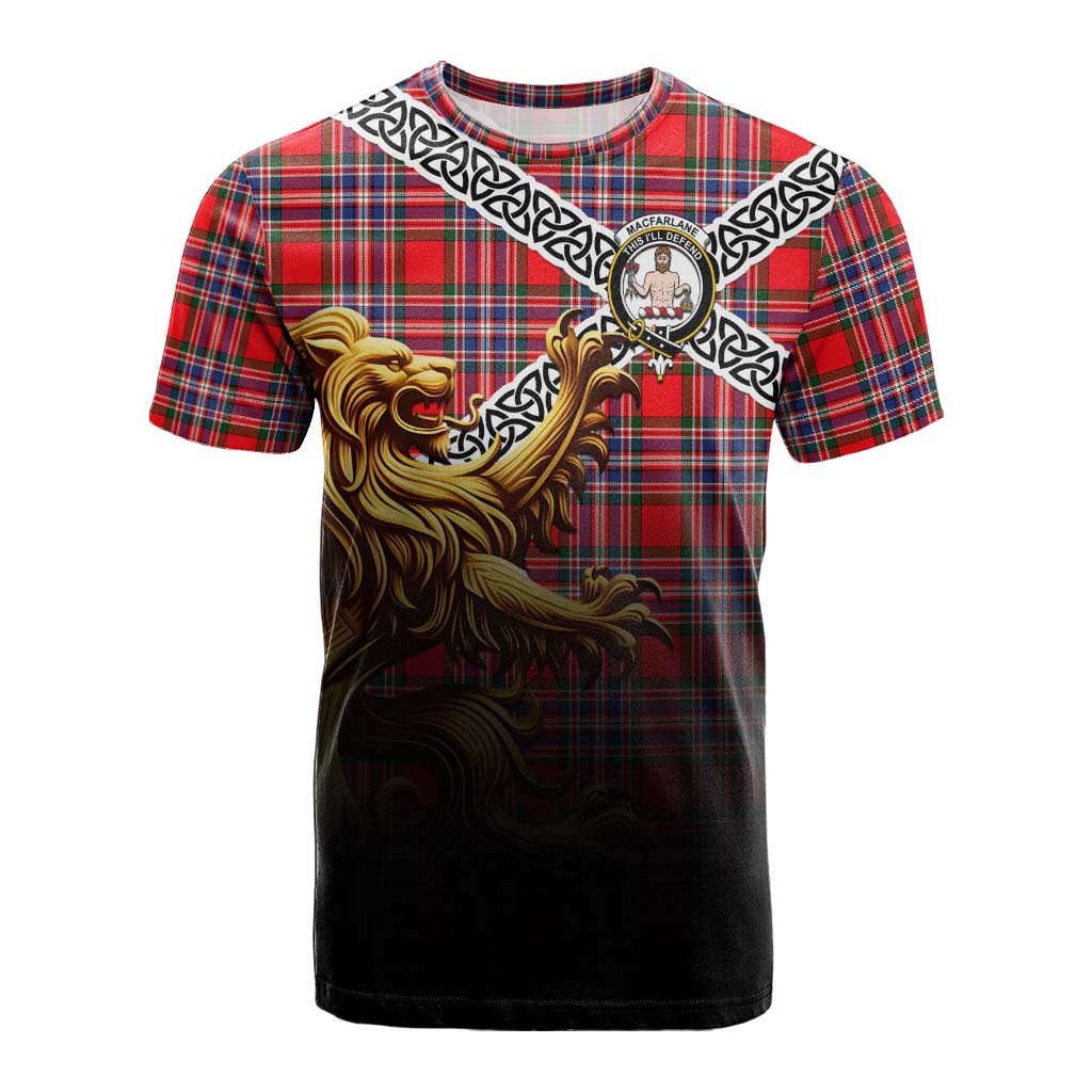 Tartan Vibes Clothing MacFarlane (McFarlane) Crest Tartan Cotton T-shirt with Golden Lion Emblem Celtic Style