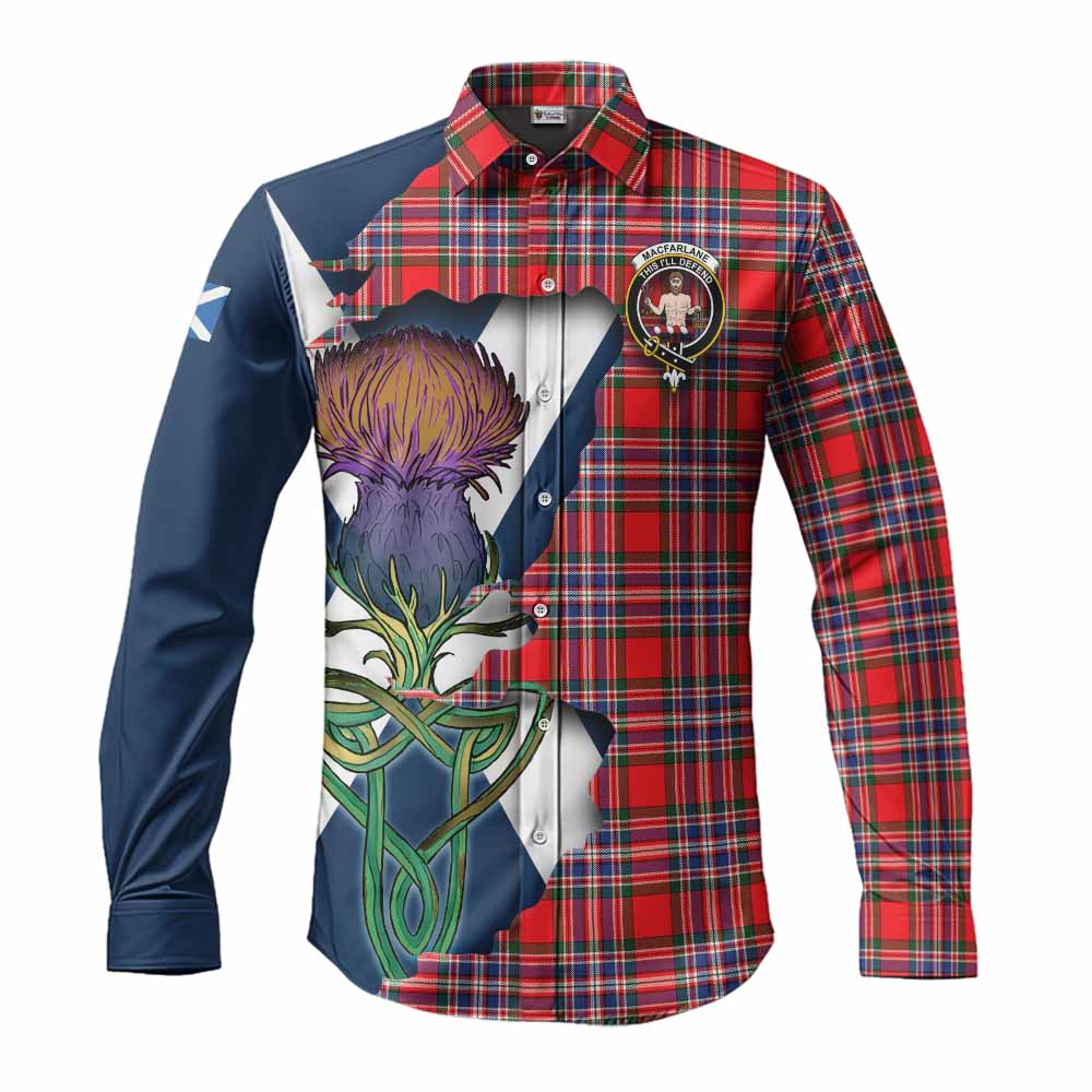 Tartan Vibes Clothing MacFarlane (McFarlane) Tartan Family Crest Long Sleeve Button Shirt Scottish Thistle Celtic Inspired