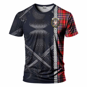 Tartan Vibes Clothing MacFarlane (McFarlane) Tartan T-Shirt with Family Crest Cross Sword Thistle Celtic Vibes