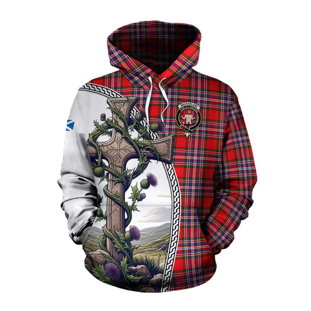 Tartan Vibes Clothing MacFarlane (McFarlane) Tartan Cotton Hoodie with Family Crest and St. Andrew's Cross Accented by Thistle Vines