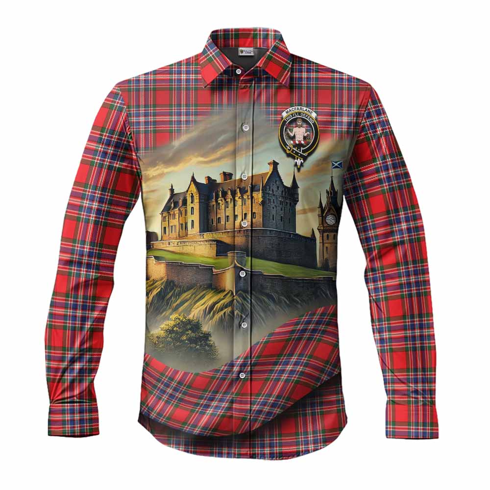 Tartan Vibes Clothing MacFarlane (McFarlane) Tartan Family Crest Long Sleeve Button Shirt with Scottish Ancient Castle Style