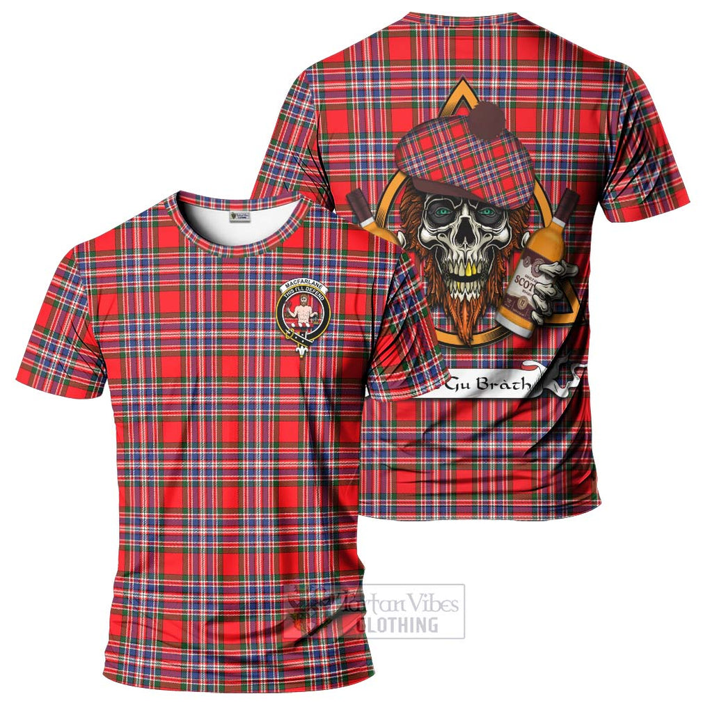 Tartan Vibes Clothing MacFarlane (McFarlane) Tartan T-Shirt with Family Crest and Bearded Skull Holding Bottles of Whiskey