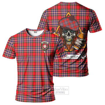 Tartan Vibes Clothing MacFarlane (McFarlane) Tartan T-Shirt with Family Crest and Bearded Skull Holding Bottles of Whiskey