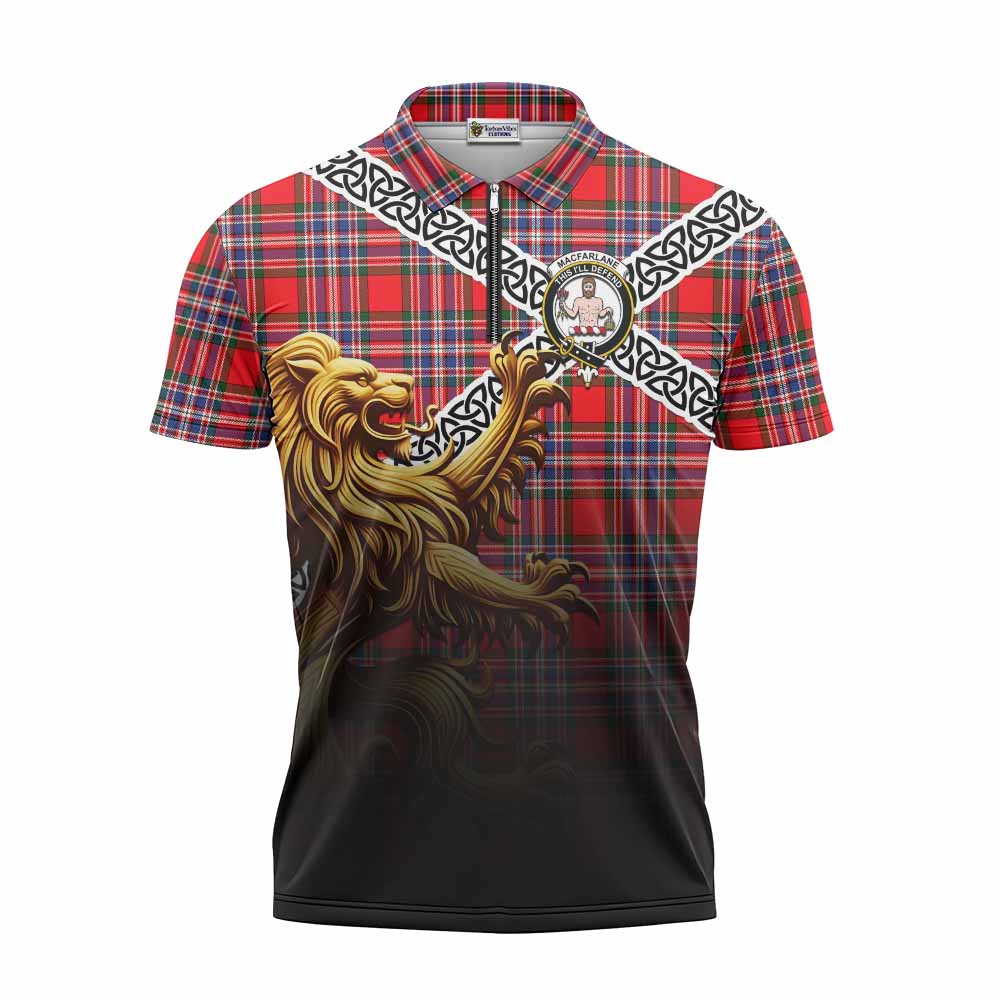 Tartan Vibes Clothing MacFarlane (McFarlane) Crest Tartan Zipper Polo Shirt with Golden Lion Emblem Celtic Style