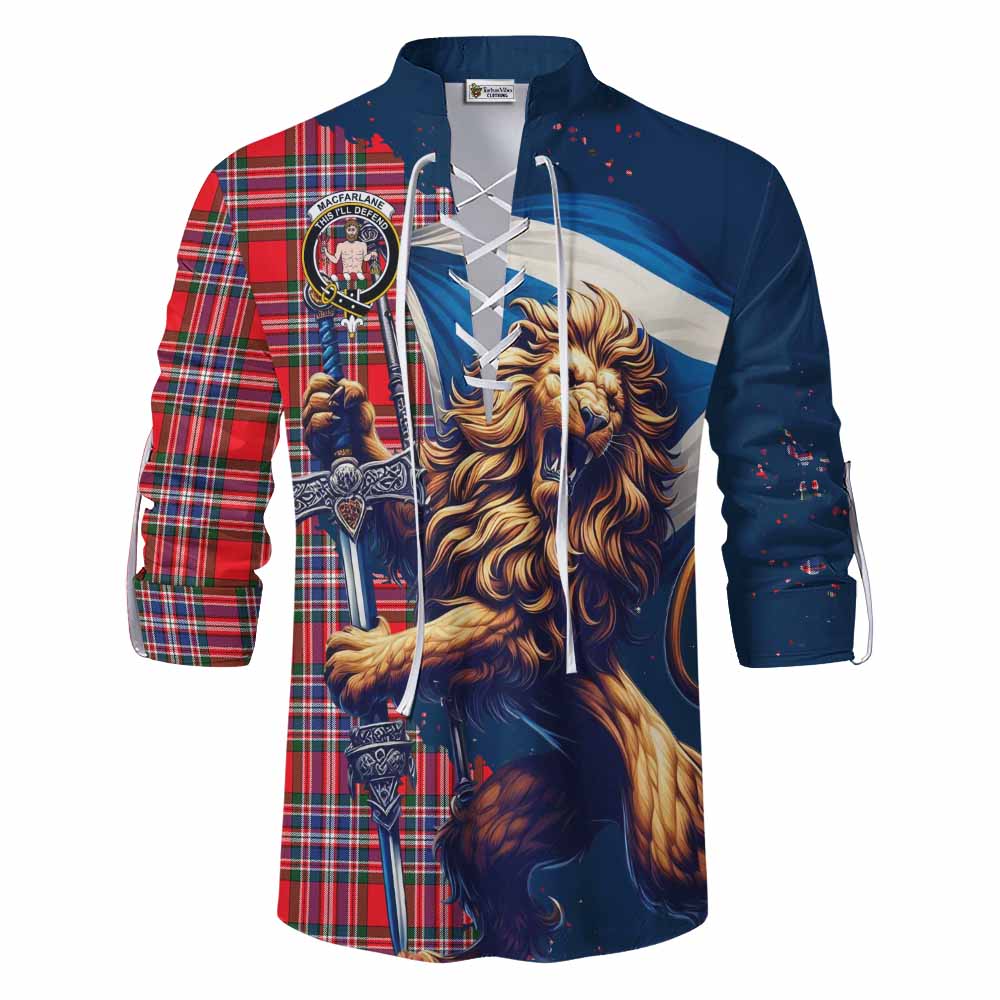 Tartan Vibes Clothing MacFarlane (McFarlane) Tartan Family Crest Ghillie Kilt Shirt with Scottish Majestic Lion
