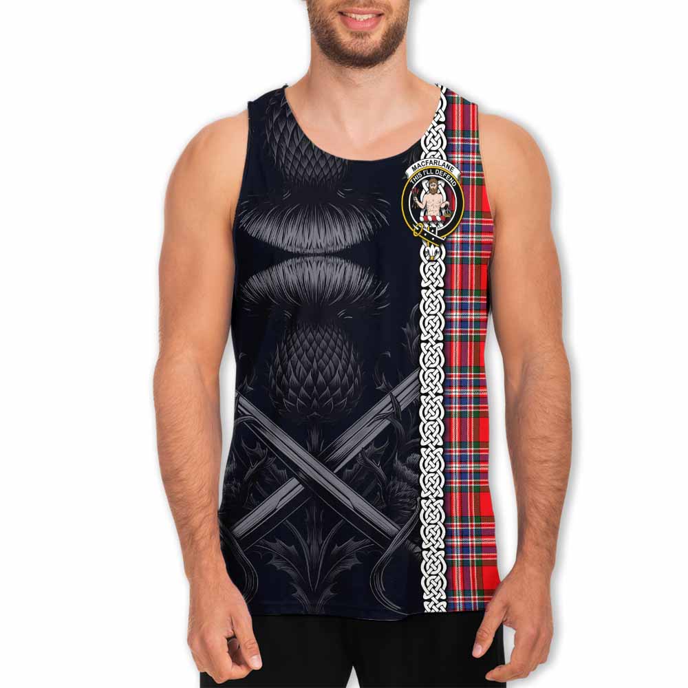 Tartan Vibes Clothing MacFarlane (McFarlane) Tartan Men's Tank Top with Family Crest Cross Sword Thistle Celtic Vibes