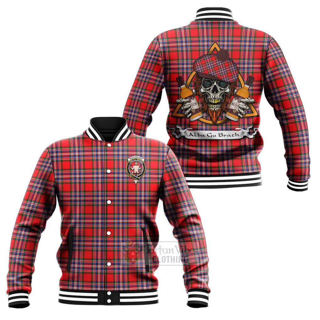 MacFarlane (McFarlane) Tartan Baseball Jacket with Family Crest and Bearded Skull Holding Bottles of Whiskey Unisex - Tartan Vibes Clothing