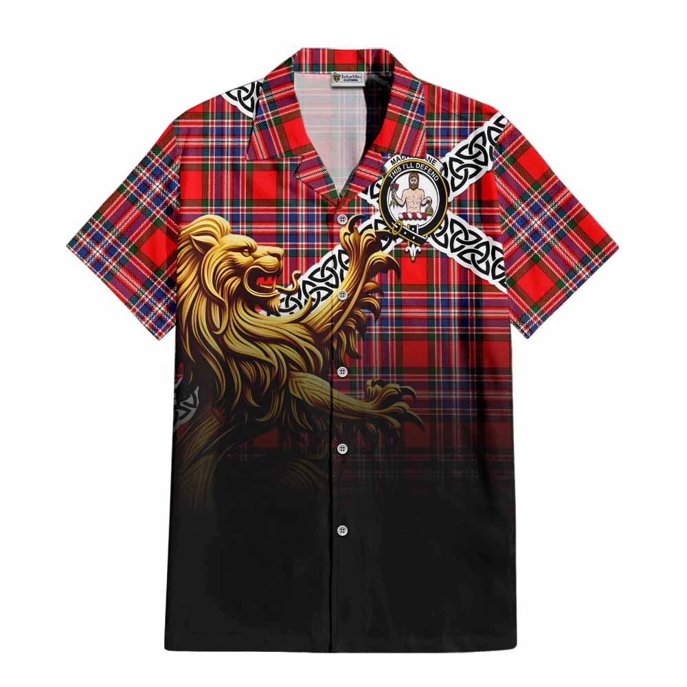 Tartan Vibes Clothing MacFarlane (McFarlane) Crest Tartan Short Sleeve Button Shirt with Golden Lion Emblem Celtic Style