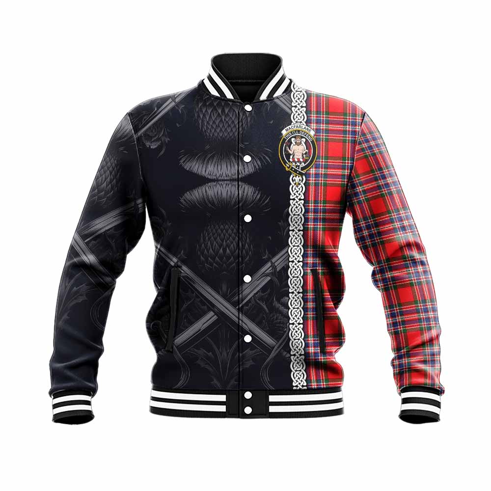 Tartan Vibes Clothing MacFarlane (McFarlane) Tartan Baseball Jacket with Family Crest Cross Sword Thistle Celtic Vibes
