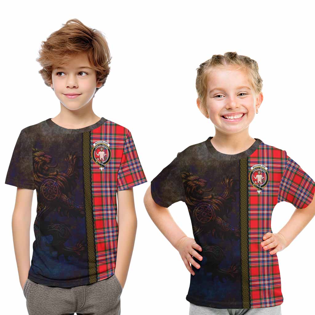 Tartan Vibes Clothing MacFarlane (McFarlane) Tartan Family Crest Kid T-Shirt Alba Gu Brath Be Brave Lion Ancient Style