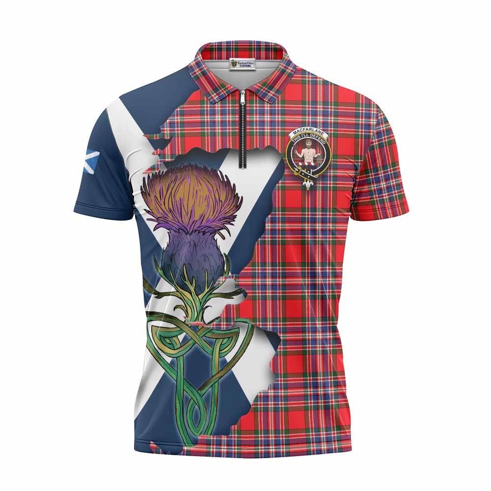Tartan Vibes Clothing MacFarlane (McFarlane) Tartan Family Crest Zipper Polo Shirt Scottish Thistle Celtic Inspired