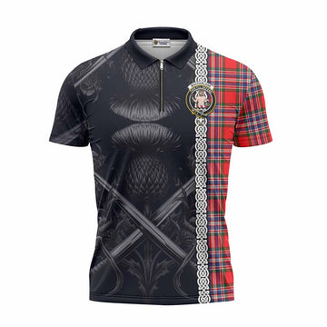 MacFarlane (McFarlane) Tartan Zipper Polo Shirt with Family Crest Cross Sword Thistle Celtic Vibes