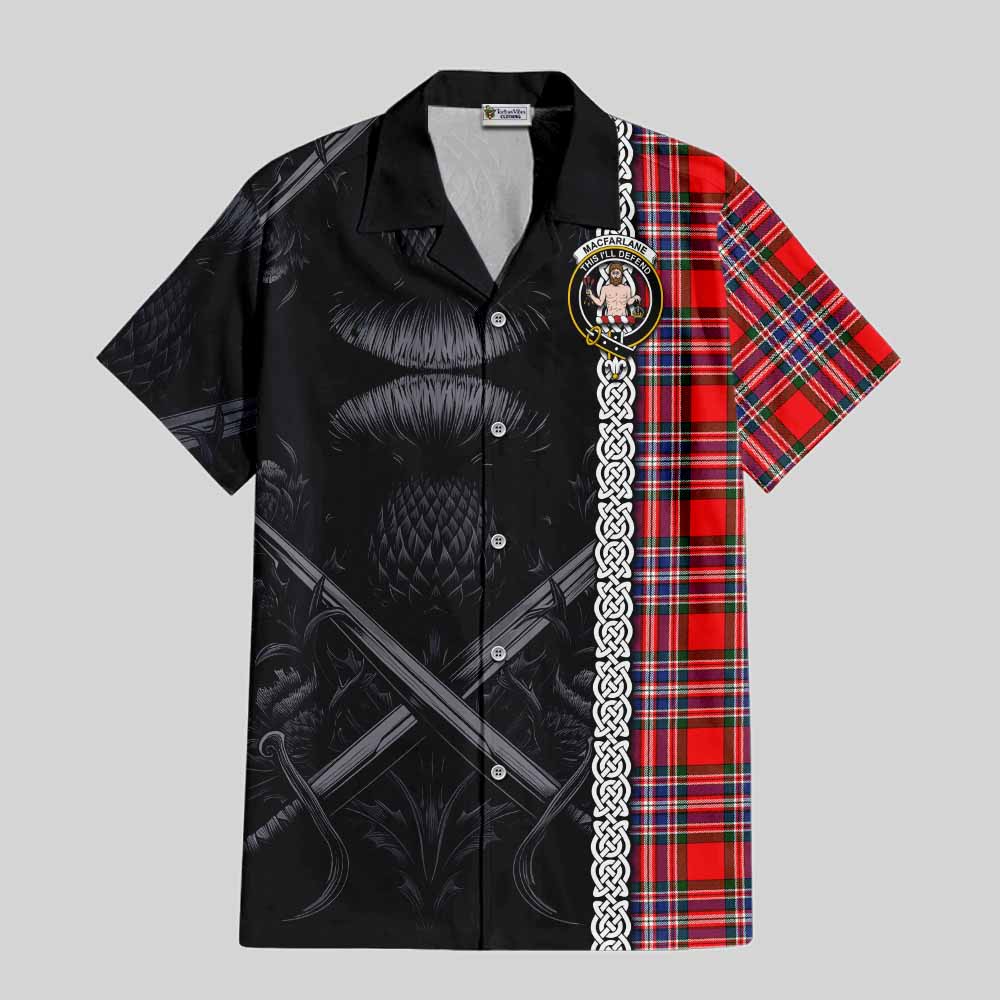 Tartan Vibes Clothing MacFarlane (McFarlane) Tartan Short Sleeve Button Shirt with Family Crest Cross Sword Thistle Celtic Vibes