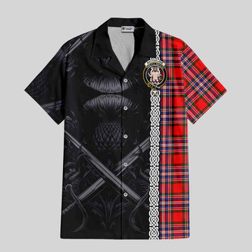 Tartan Vibes Clothing MacFarlane (McFarlane) Tartan Short Sleeve Button Shirt with Family Crest Cross Sword Thistle Celtic Vibes