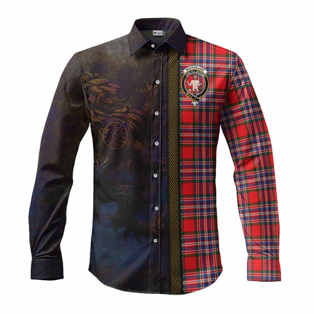 Tartan Vibes Clothing MacFarlane (McFarlane) Tartan Family Crest Long Sleeve Button Shirt Alba Gu Brath Be Brave Lion Ancient Style