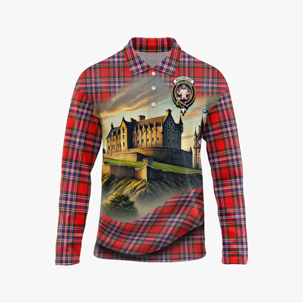 Tartan Vibes Clothing MacFarlane (McFarlane) Tartan Family Crest Long Sleeve Polo Shirt with Scottish Ancient Castle Style
