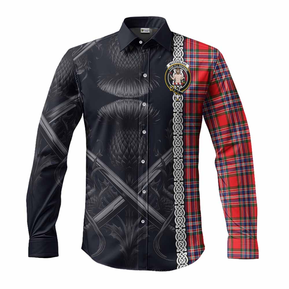 Tartan Vibes Clothing MacFarlane (McFarlane) Tartan Long Sleeve Button Shirt with Family Crest Cross Sword Thistle Celtic Vibes