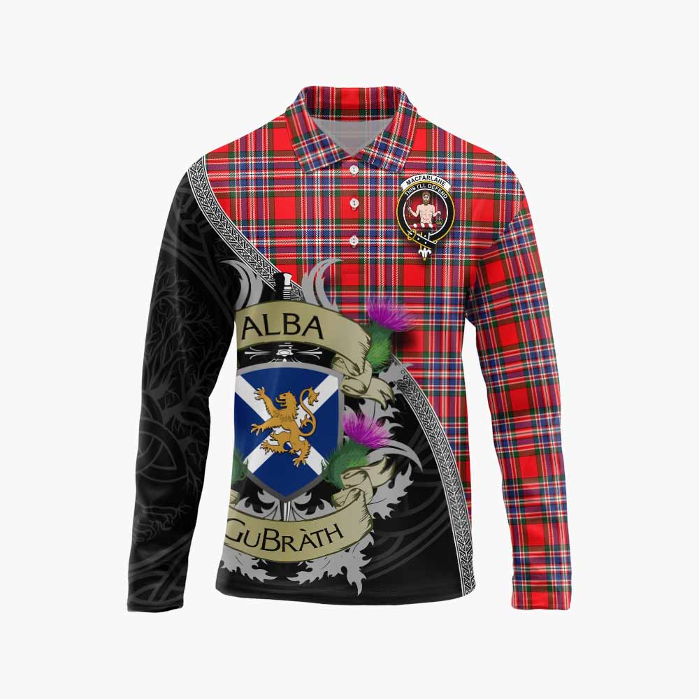 Tartan Vibes Clothing MacFarlane (McFarlane) Tartan Family Crest Long Sleeve Polo Shirt Lion Rampant Royal Thistle Shield Celtic Inspired
