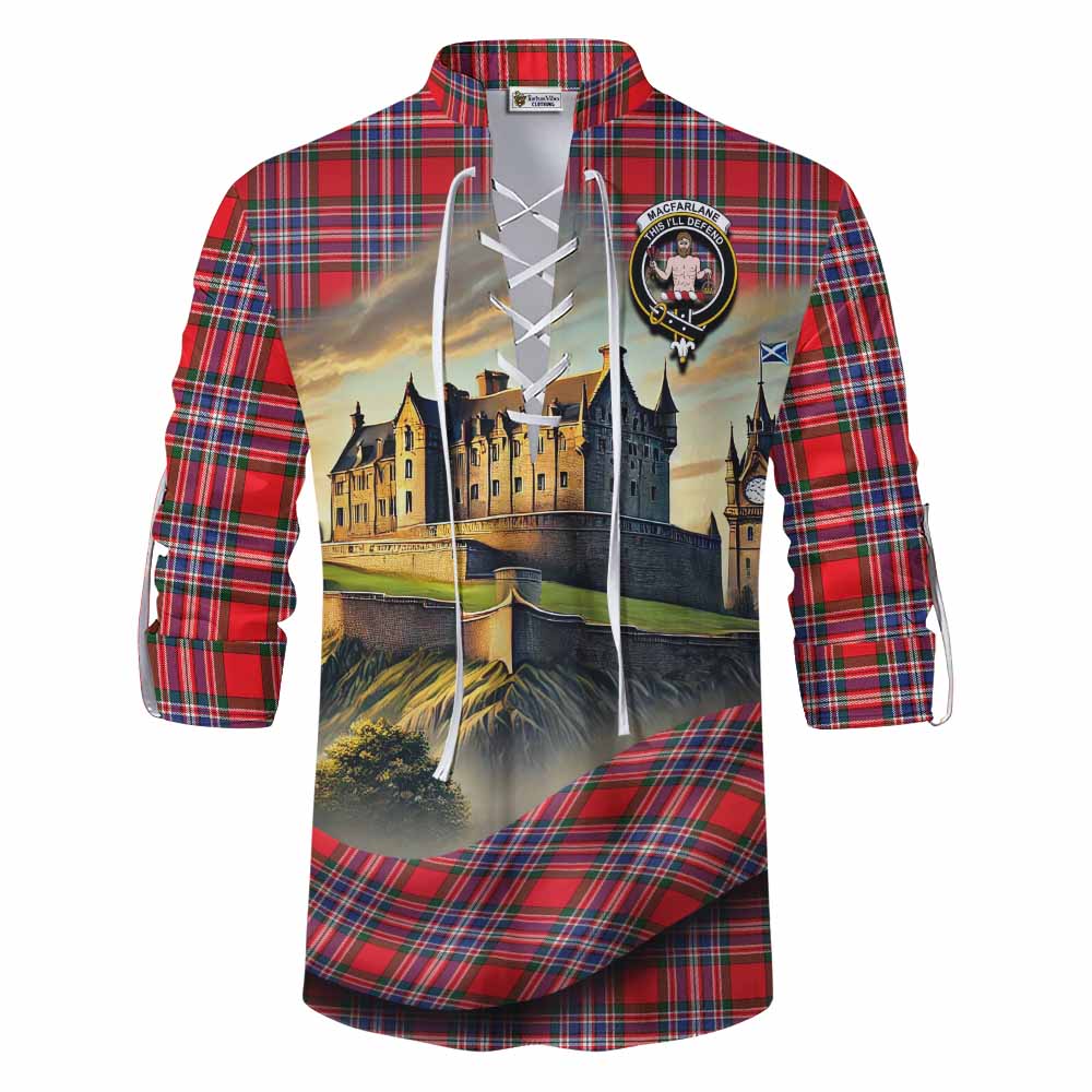 Tartan Vibes Clothing MacFarlane (McFarlane) Tartan Family Crest Ghillie Kilt Shirt with Scottish Ancient Castle Style