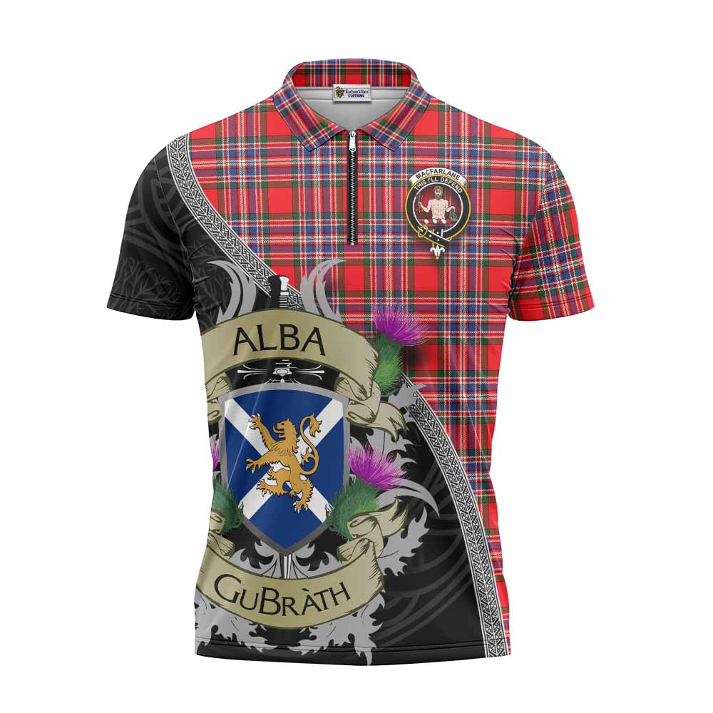 Tartan Vibes Clothing MacFarlane (McFarlane) Tartan Family Crest Zipper Polo Shirt Lion Rampant Royal Thistle Shield Celtic Inspired
